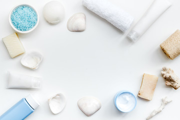 spa organic cosmetics, cream, lotion, salt, soap with Dead Sea minerals on white background flat lay space for text