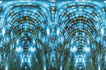 Blue matrix digital background. Distorted cyberspace concept. Characters fall down. Matrix from...
