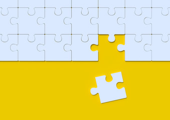 White jigsaw puzzle on yellow background with copy space. Connected blank puzzle pieces. Business strategy Teamwork and problem solving concept. Minimal creative concept. 3d rendering illustration