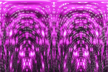 Pink matrix digital background. Distorted cyberspace concept. Characters fall down. Matrix from...