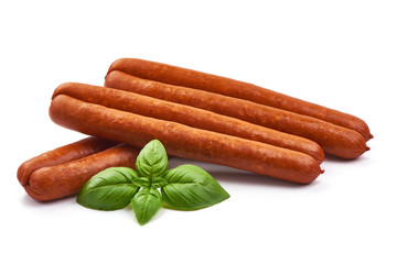 Smoked Pork Sausages with basil leaves, close-up, isolated on white background