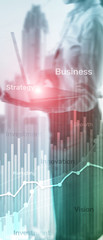 Vertical Panorama Banner. Business abstract background double exposure graph, chart and diagram. World wide map and. Global business and financial trading concept