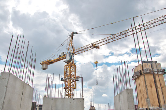 Reinforced concrete base unit of a new house against the blue sky.