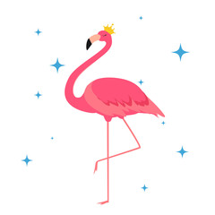 Beautiful Little Princess Pink Flamingo in Golden Crown. Vector Illustration