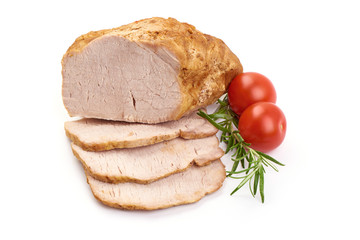 Baked pork ham with slices, close-up, isolated on white background