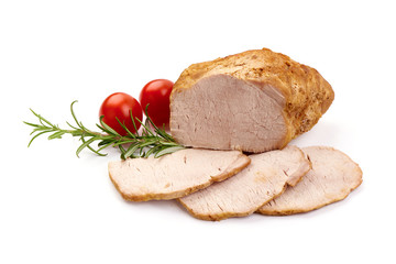 Fototapeta na wymiar Baked pork meat, smoked ham, close-up, isolated on white background
