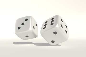 Two white rolling dices isolated on white background 3d render illustration