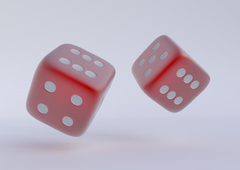 Two rolling dice, poker dice, ivories, bone, devil's bones on white background in red colors with copy space. Gaming and gambling. Random numbers. Luck and chance. 3D render illustration