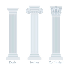 Ancient Greek columns flat icons. Types of Doric, Ionian, Corinthian vector illustration