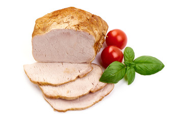 Baked pork ham with slices, close-up, isolated on white background