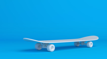 White skateboard on bright blue background in pastel colors. Minimalism concept. 3d render illustration