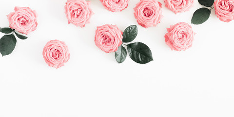Beautiful flowers composition. Pink rose flowers on white background. Valentines Day, Easter, Birthday, Happy Women's Day, Mother's day. Flat lay, top view, copy space