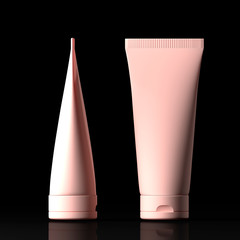 Pink cream tube. packaging tube. Plastic tube for medicine or cosmetics cream, gel, skin care, toothpaste. packaging mockup with clipping path isolated on dark background. 3d rendering illustration