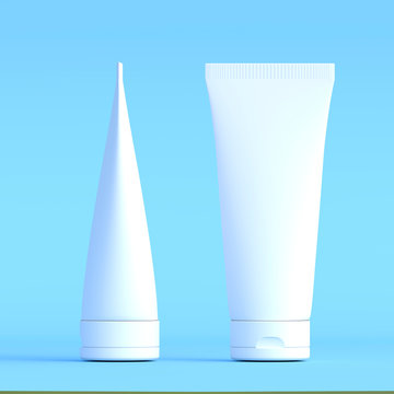 White cream tube. packaging tube. Plastic tube for medicine or cosmetics cream, gel, skin care, toothpaste. packaging mockup with clipping path isolated on blue background. 3d rendering illustration