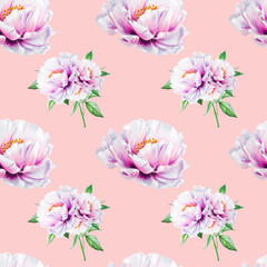 Seamless white peony pattern. Endless texture. Floral print. Marker drawing. Watercolor painting. Wedding and birthday composition. Greeting card. Flower painted background. Hand drawn illustration.