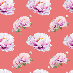 Fototapeta na wymiar Seamless white peony pattern. Endless texture. Floral print. Marker drawing. Watercolor painting. Wedding and birthday composition. Greeting card. Flower painted background. Hand drawn illustration.