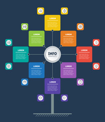 Business presentation or infographics concept with 8 options and 12 icons. Vector. Web Template of tree, info chart or diagram. Info graphic of technology or education process with 8 steps.