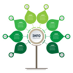 Vertical Green Timeline infographics. Tree of development and growth of the business. Time line of trends. Eco Business concept with 8 options, parts, steps or processes.