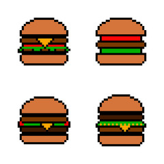 Pixel icon. Fast food icon set. Pixelated burger, hamburger or cheeseburger logo. 
