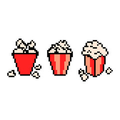 Pixel icon. Popcorn icon set. Sweet or salty corn. Fast food pixelated logo. 