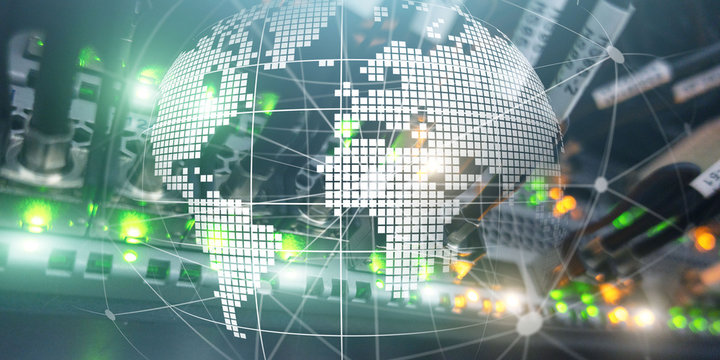 Futuristic modern data center with Holographic 3d planet earth Technology Banner. Telecommunication internet concept