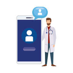professional doctor with smartphone and speech bubble