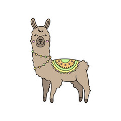 Cute hand drawn brown llama with patterned fringed blanket. Cute furry llama or alpaca animal outlined vector illustration. Isolated.