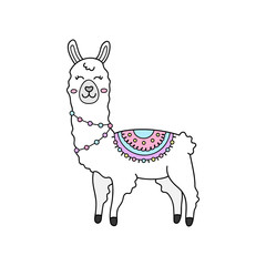 Cute hand drawn white llama with patterned fringed blanket. Cute furry llama or alpaca animal outlined vector illustration. Isolated.