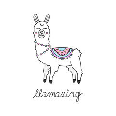 Hand drawn white llama with patterned fringed blanket. Cute furry llama or alpaca animal outlined vector illustration with writing llamazing. Isolated.