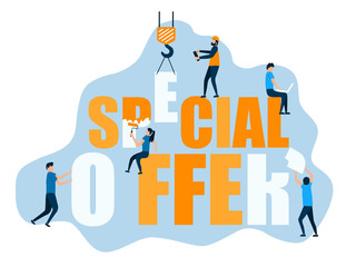 Vector design blue orange color combination. Modern image special offer and teamwork with flat characters. Business illustration concept for website.