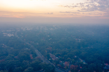 Rural Fire Services (RFS) Hazard reduction burns create smokey haze over Sydney basin, reducing visibility and increasing risk of asthma and respiratory problems