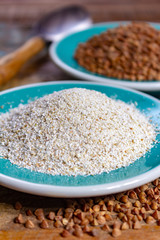 Healthy diet superfood buckwheat groats and flour used for making delicious pasta, noodles, pancaces and kasha in many countries.