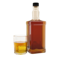 Bottle of alcohol drink with full glass of alcohol drink, 3D rendering