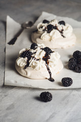  Meringue with cream and blackberry. Pavlova cake