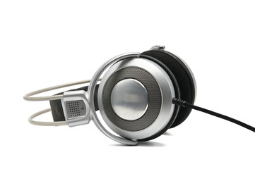 Vintage headphones for listening to sound and music on a white background