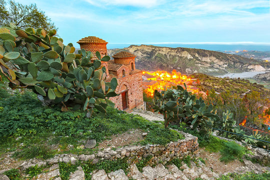 Sunset over old famous medieval village Stilo in Calabria