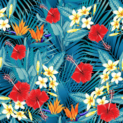 Fototapeta na wymiar Seamless floral pattern green palm leaves and red color Hibiscus,Frangipani,Heliconias,Bird of paradise flowers on black background.Vector illustration watercolor hand drawn doodle.