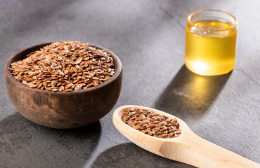 Seeds and linseed oil - Linum usitatissimum. Text space