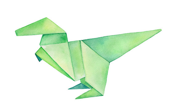 Folded Origami Dinosaur watercolour illustration. Hand drawn water color drawing on white background, artistic clipart element for creative design, merchandise, logo, poster, sticker, t-shirt print.