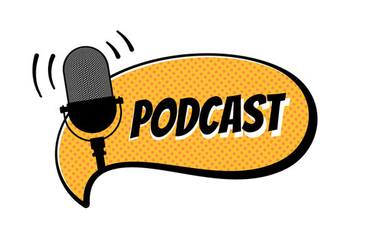 Podcast radio sign. Retro studio table microphone with broadcast text on air on yellow comics bubble. Webcast audio record concept icon. Vector illustration