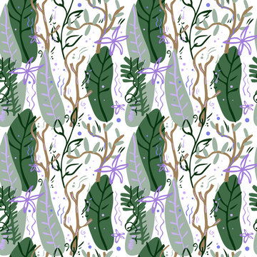 Vector seamless pattern with flowers and leaves in soft colors on white background. Simple flat style. © tanya.gree