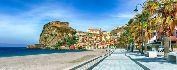 Beautiful seaside town village Scilla with old medieval castle on rock Castello Ruffo