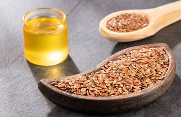 Seeds and linseed oil - Linum usitatissimum. Text space