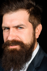Obraz premium Bearded man portrait. Handsome man with beard. Close-up. Handsome stylish bearded man. Sexy male, macho, long beard. Attractive caucasian bearded hipster. Stylish handsome businessman. Fashion concept