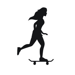 Vector flat black silhouette of girl woman riding skateboard isolated on white background 