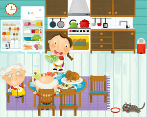 cartoon scene with family in the kitchen eating and cooking together having fun with it - illustration for children