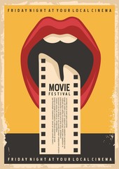 Movie festival poster design template with open mouth and film strip. Vector conceptual illustration.