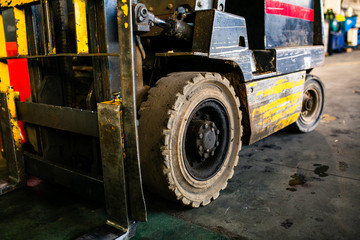 Closeup Old forklift in the manufacturer. forklift in the enterprise