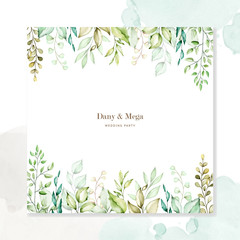 watercolor floral and leaves wedding card template 