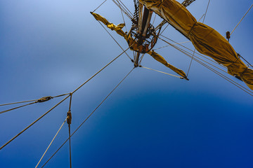 Sails and ropes of the main mast of a caravel ship, Santa Mar&iacute;a Columbus ships